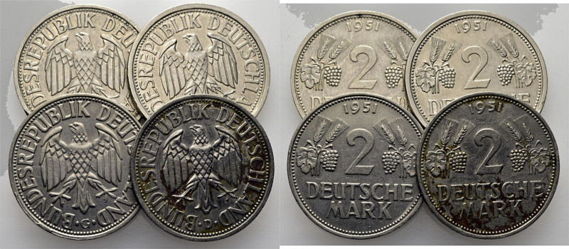 ALEMANIA. República Federal. 2 marcos. 1951. Las cuatro fábricas de moneda: G= K...