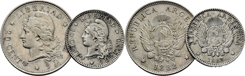 ARGENTINA. La República y escudo. 20 y 10 céntimos. 1882 y 1883. K27 (15$) y 26 ...