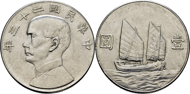 CHINA República. Sunyatsen y junco. Dólar. 1934. (Año 23). De la reacuñación de ...