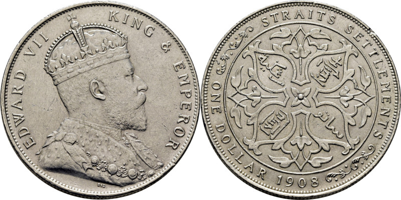 ESTABLECIMIENTOS DEL ESTRECHO. Eduardo VII. Dólar. 1908. K26 (180$). SC-/SC, bri...