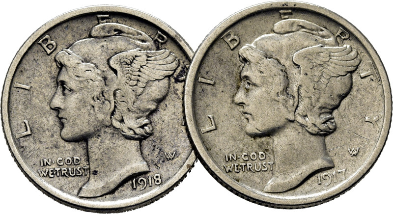 EE.UU./USA. Mercurio. 1 dime. 1917 y 1918-D. K140 (5+13$). MBC/MBC+ y algo mejor...