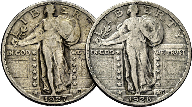 EE.UU./USA. Libertad estante. 1/4$. 1927 y 1928. K145 (-22$). MBC/MBC-. Lote de ...