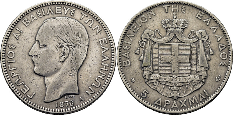 GRECIA. Jorge I. 5 Dracmas. París. 1876. K46 (-50$). Marquitas. MBC-/MBC