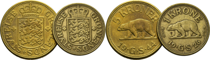 GROENLANDIA. Oso y escudo. 1 y 5 Kron. 1926 y 1944. K8 y 9 (10+75$). MBC+ y EBC+...