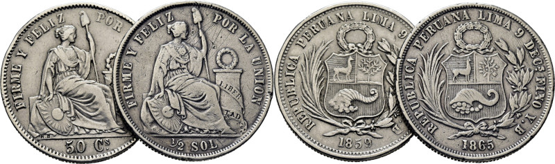 PERÚ. Matrona y escudo. Lima. 50 céntimos. 1859 y B. 1/2 sol 1865 sobre 5 rectif...