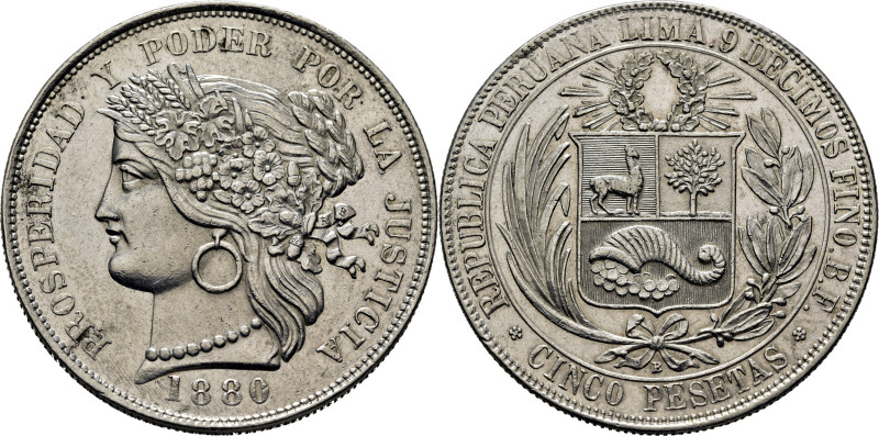 PERÚ. Ceres. Birminham. 5 pesetas. 1880. K201 (-50$). Ligeramente frotado el anv...