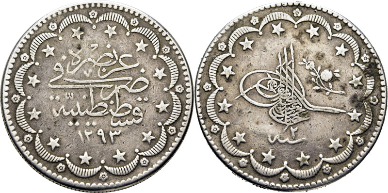 TURQUIA. Abdul Hamid II. 20 Kurush. 1293 Hg. Año 2. K722 (-25$). Alguna manchita...