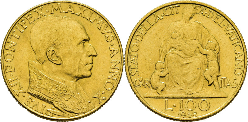 VATICANO. Pío XII. 100 liras. 1948. Año X. Caridad. K39 (825$). 5´2 g. Marquitas...