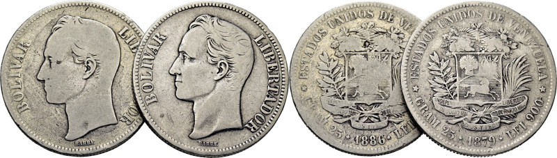 VENEZUELA. Bolívar y escudo. 5 Bolívares. 1879 y 1886. K24.1 (30$). BC+ y BC-/BC...