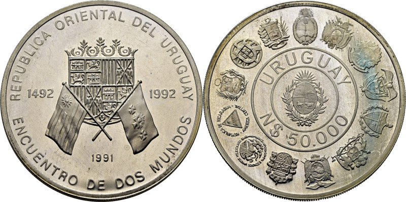 URUGUAY. Encuentro de dos mundos 1492-1992. 50.000 nuevos pesos. 1991. El escudo...