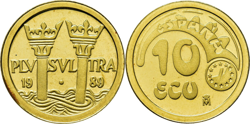 JUAN CARLOS I. Columnas de Hércules. 10 ecus. 1989. Giro moneda. En su caja de m...