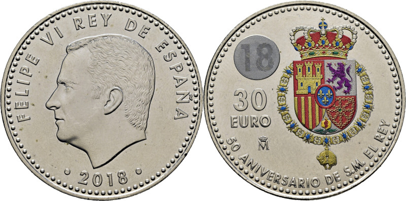 FELIPE VI. 50 Aniversario de S.M. el Rey. 30 €. 2018. En cápsula. FDC, todo su b...