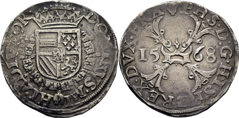 FELIPE II. Amberes. 1/2 escudo de Borgoña. 1568. Cruz de San Ándres con el Toisó...