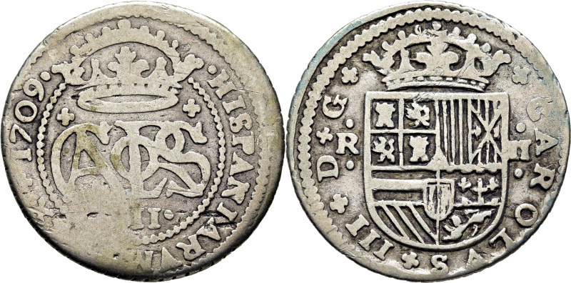 CARLOS III archiduque. Barcelona. 2 reales. 1709. Cy7981 (40€). MBC-/BC+