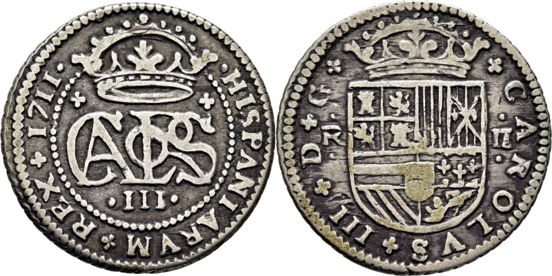 CARLOS III archiduque. Barcelona. 2 reales. 1711. Cy7983 (40€). Casi MBC+