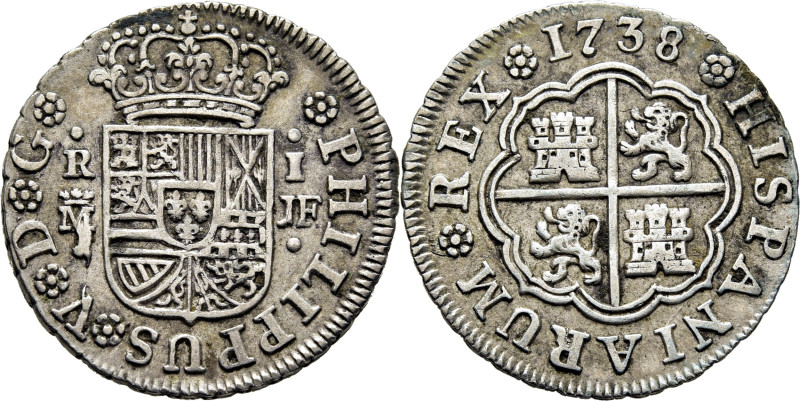 FELIPE V. Madrid. Real. 1738. JF. Cy8533 (25€). Rebaba en la ceca. MBC+