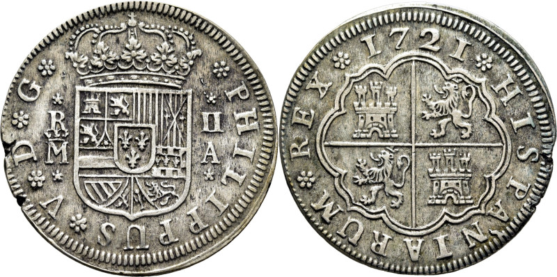 FELIPE V. Madrid. 2 reales. 1721. A. Flores en leyendas. Cy8721 (50€). Metal abi...