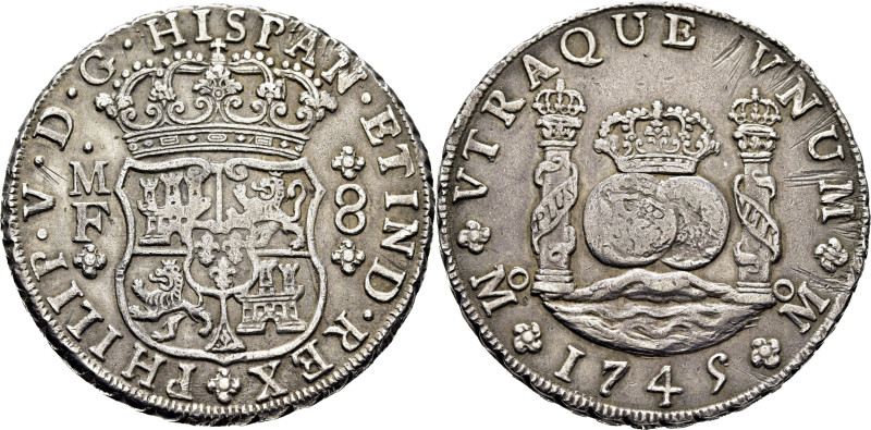 FELIPE V. Méjico. 8 reales. 1745 sobre 5. MF. Cy9457. Algunas rayas en leyendas....