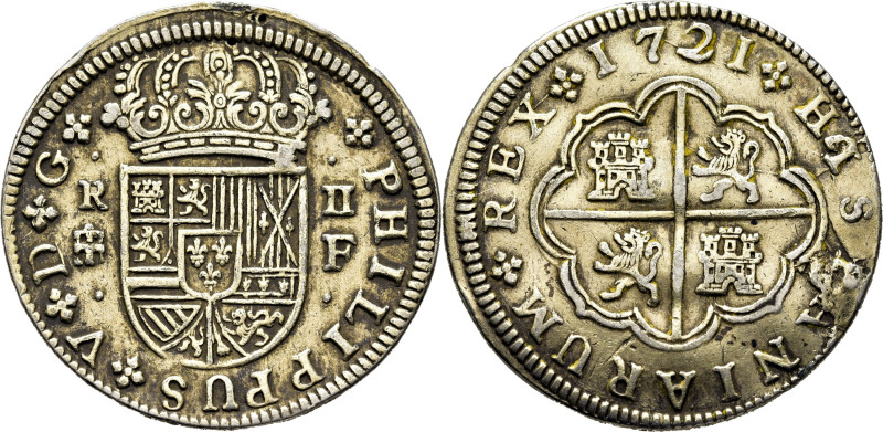 FELIPE V. Segovia. 2 reales. 1721. F. Cy8727 (25€). Puntos en el campo del avers...