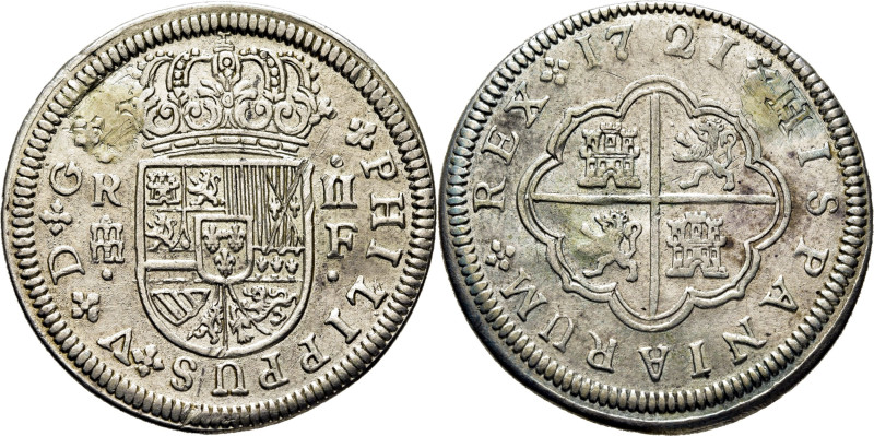 FELIPE V. Segovia. 2 reales. 1721. F. Cy8727 (25€). Agujero expertamente arregla...