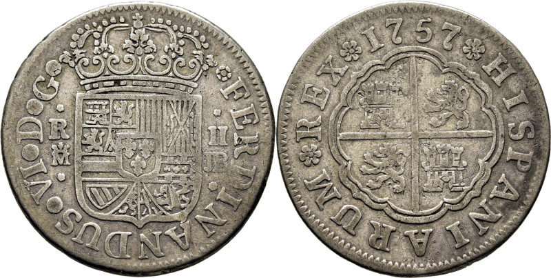 FERNANDO VI. Madrid. 2 reales. 1757. JB. Cy10435. Leve erosión en Flandes. MBC-