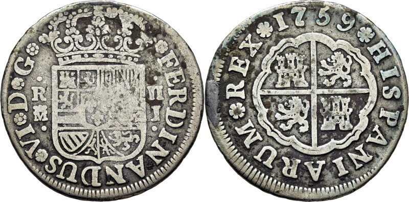 FERNANDO VI. Madrid. 2 reales. 1759. J. Cy10456 (25€). Oxidaciones limpiadas tos...