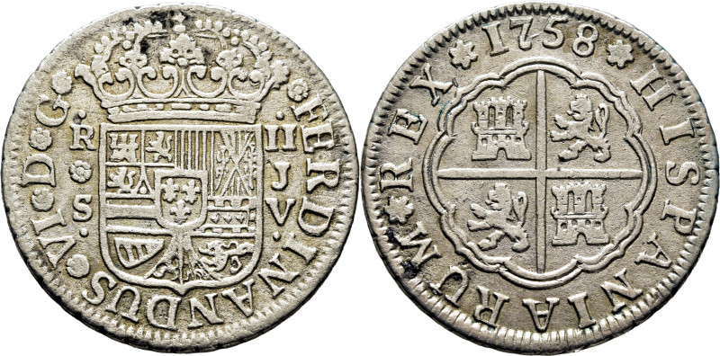 FERNANDO VI. Sevilla. 2 reales. 1758. JV. Cy10449 (25€). Oxidación superficial l...