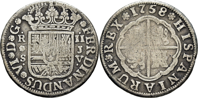 FERNANDO VI. Sevilla. 2 reales. 1758. JV. Cy10449 (25€). Rayitas. Acuñación cent...