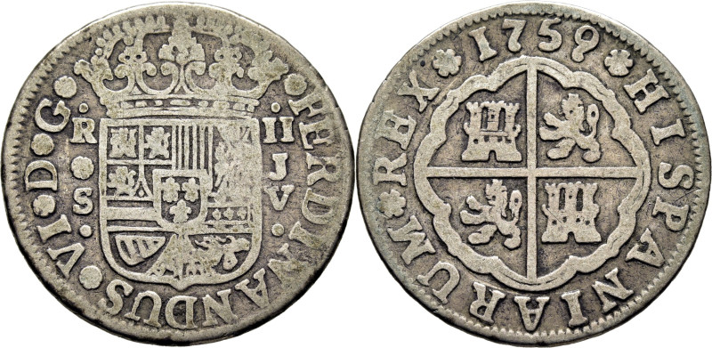 FERNANDO VI. Sevilla. 2 reales. 1759. JV. Cy10463 (30€). MBC- o algo más floja...