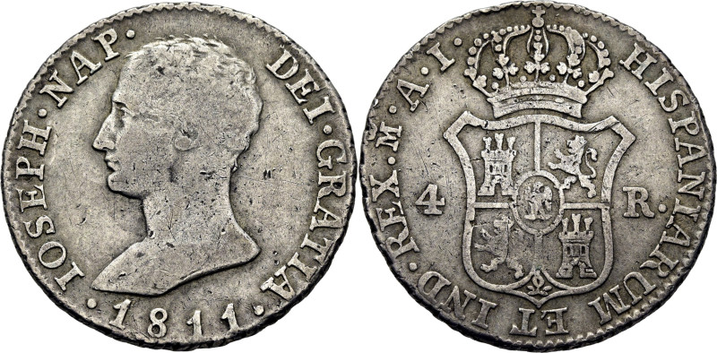 JOSÉ NAPOLEÓN. Madrid. 4 reales. 1811. AI. Cy14672 (20€). Leve doblez. BC+