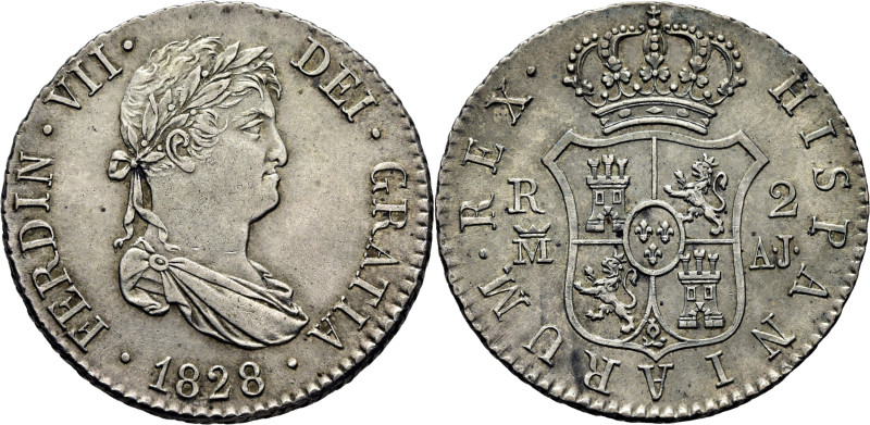 FERNANDO VII. Madrid. 2 reales. 1828. AJ. Cy15630 (40€). EBC-/EBC. Suave tono