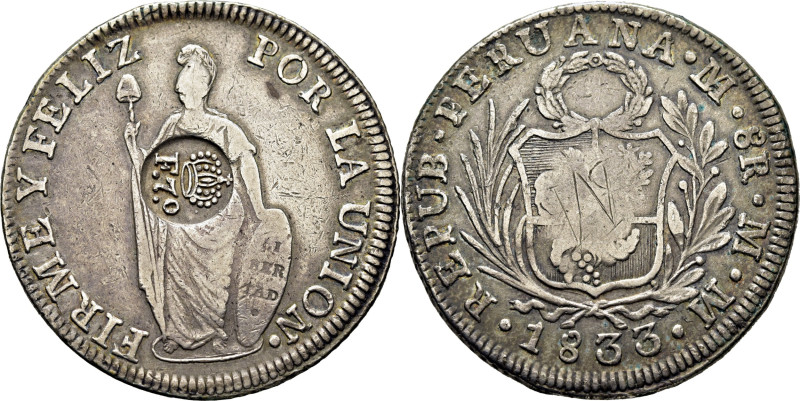 FERNANDO VII. Manila. Peso. 1832?. Resellado sobre un 8 reales de la República P...