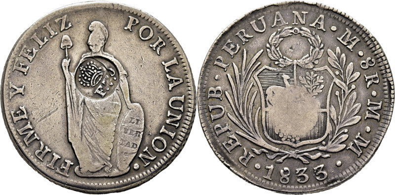 FERNANDO VII. Manila. Peso. 1833?. Resellado sobre un 8 reales de la República P...