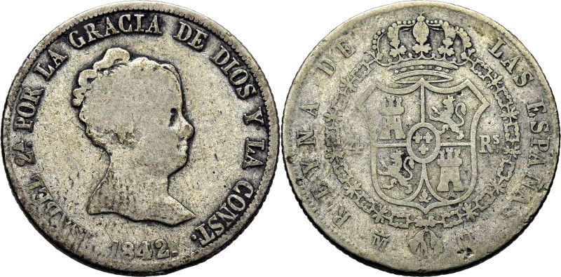 ISABEL II. Madrid. 4 reales. 1842. CL. Cy16999 (300€). BC-. Rara