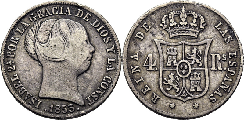 ISABEL II. Madrid. 4 reales. 1853. Cy17023 (95€). BC+/MBC. Tono