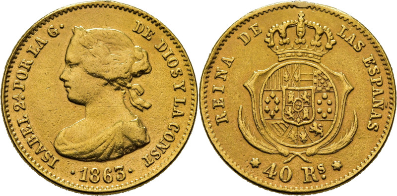 ISABEL II. Madrid. 40 reales. 1863. Cy17269. Sirvió de joya. MBC y algo mejor el...