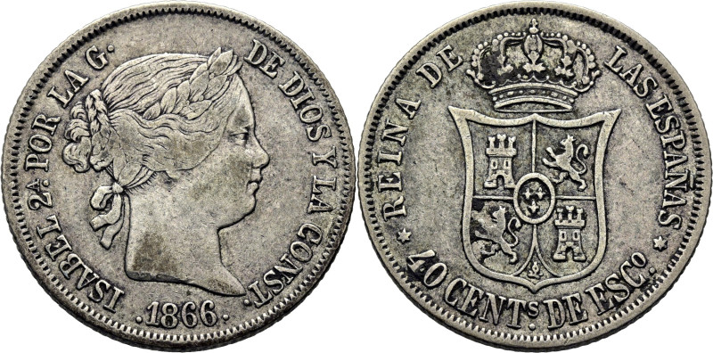 ISABEL II. Madrid. 40 céntimos de escudo. 1866. Cy17073 (25€). BC+/MBC-