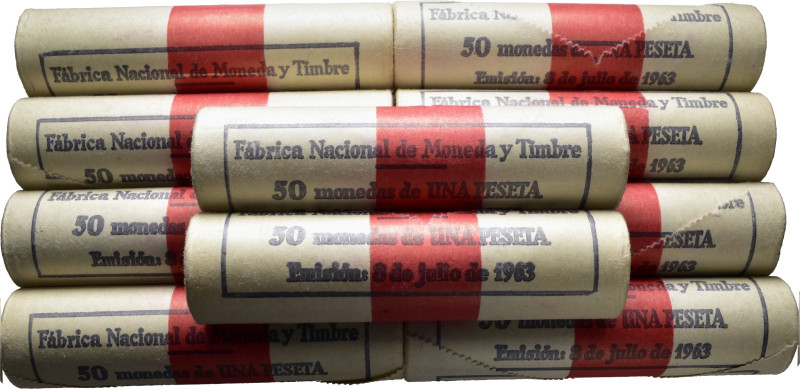 ESTADO ESPAÑOL. 1 peseta. 1966*19-75. Diez rollos de la FNMT en perfecto estado ...