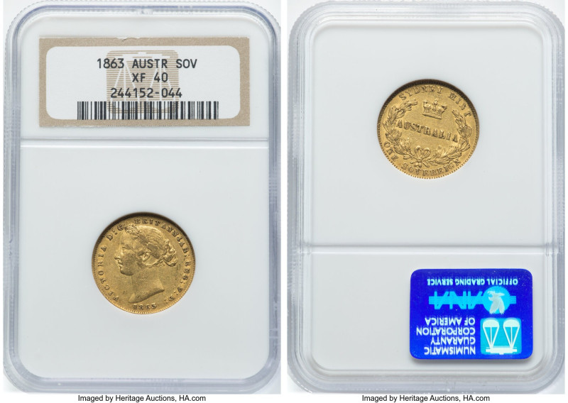 Victoria gold Sovereign 1863-(SYDNEY) XF40 NGC, Sydney mint, KM4, Fr-10. Semi-ke...