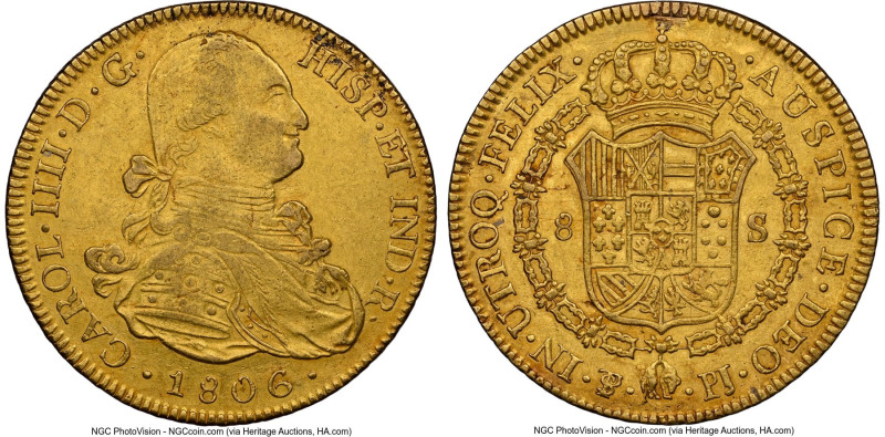 Charles IV gold 8 Escudos 1806 PTS-PJ AU Details (Mount Removed) NGC, Potosi min...