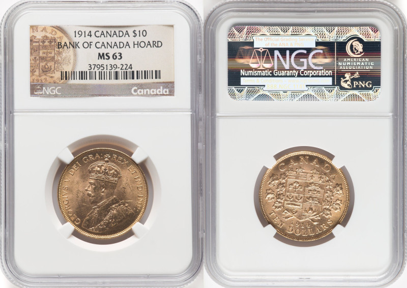 George V gold 10 Dollars 1914 MS63 NGC, Ottawa mint, KM27, Fr-3. Bank of Canada ...