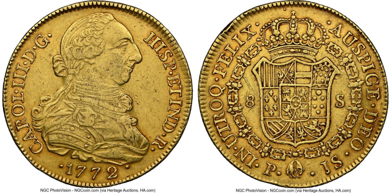 Charles III gold 8 Escudos 1772 P-JS AU Details (Reverse Scratched) NGC, Popayan...