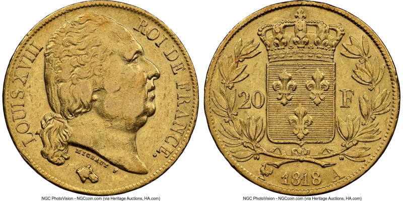 Louis XVIII gold 20 Francs 1818-A AU55 NGC, Paris mint, KM712.1, Fr-538. HID0980...