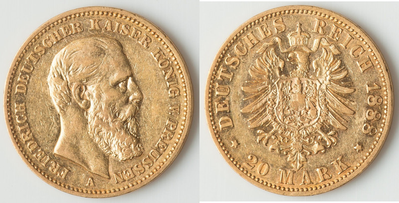 Prussia. Frederick III gold 20 Mark 1888-A XF, Berlin mint, KM515, J-248. 22.4mm...