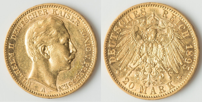 Prussia. Wilhelm II gold 20 Mark 1895-A XF, Berlin mint, KM521, J-252. 22.4mm. 7...