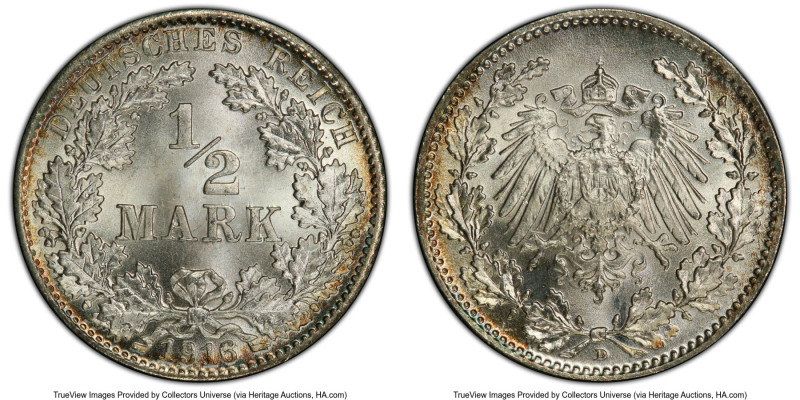 Wilhelm II 1/2 Mark 1916-D MS67+ PCGS, Munich mint, KM17, J-16. Lustrous satin s...