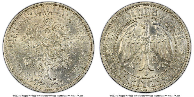 Weimar Republic "Oak Tree" 5 Mark 1931-A UNC Details (Cleaned) PCGS, Berlin mint...