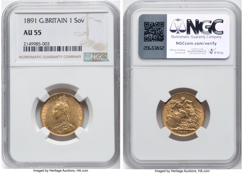 Victoria gold Sovereign 1891 AU55 NGC, KM767, S-3866C. HID09801242017 © 2024 Her...