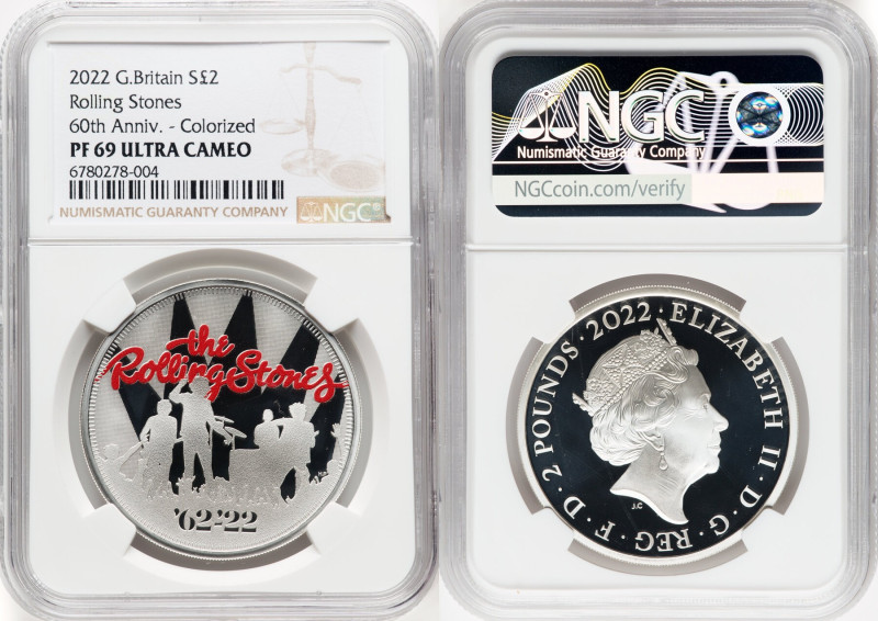 Elizabeth II silver Proof Colorized "Rolling Stones" 2 Pounds (1 oz) 2022 PR69 U...