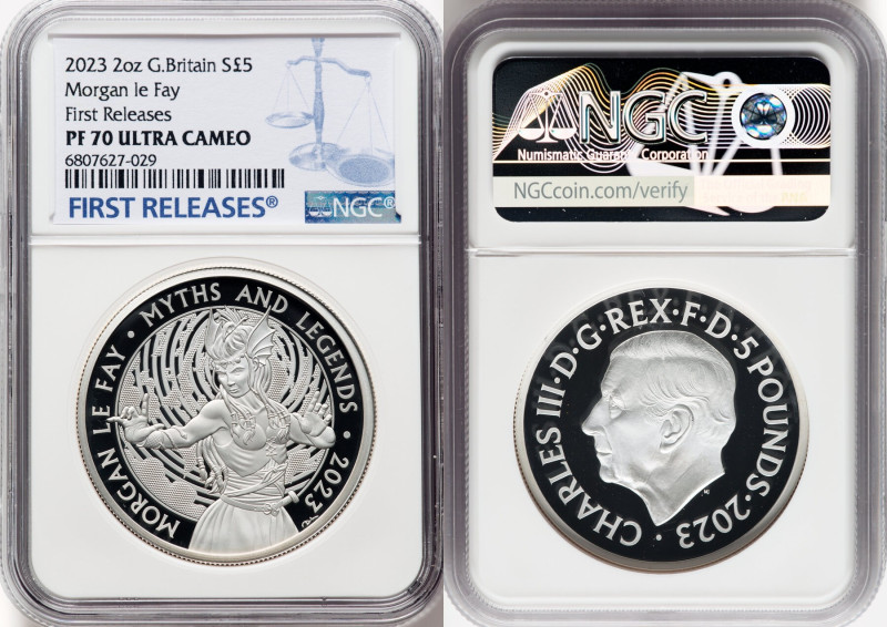 Charles III silver Proof "Morgan le Fay" 5 Pounds (2 oz) 2023 PR70 Ultra Cameo N...